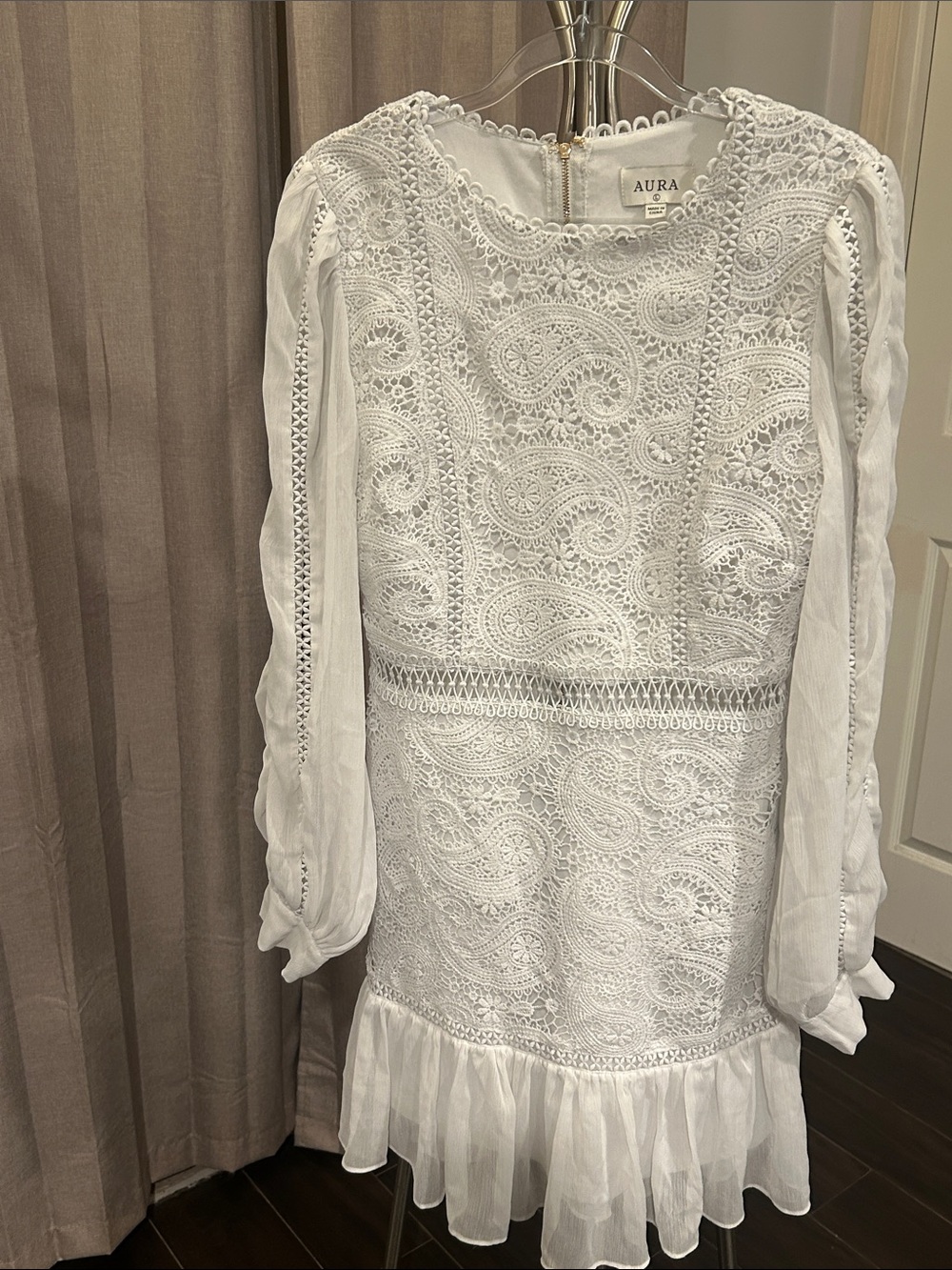 Aura White Lace Long-Sleeve Ruffle-Hem Dress - Picture 5 of 16